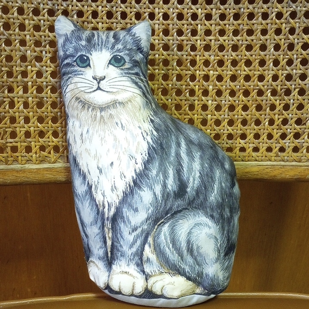 Vintage Stuffed Gray & White Cat. Green Eyes